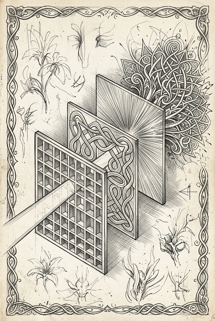 Lattice grid with Celtic knotwork borders and geometric patterns