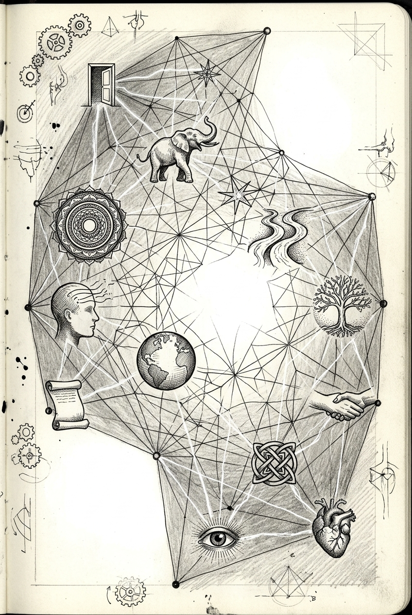 Vast lattice web with all previous symbols connected as points of light