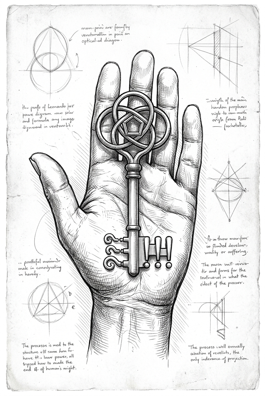 An open hand offering a key whose teeth are shaped like question marks becoming exclamation points