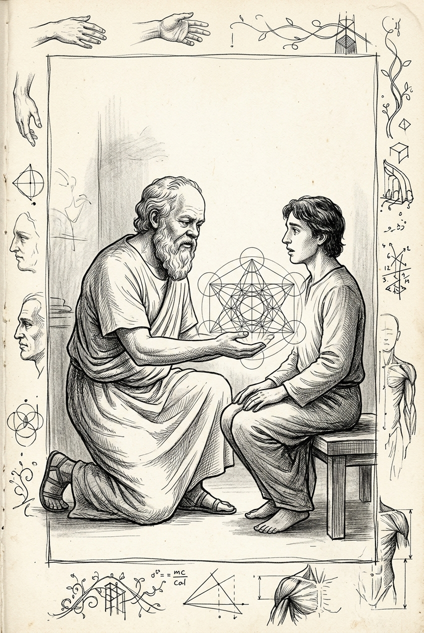 Socrates figure drawing geometry from another person in dialogue