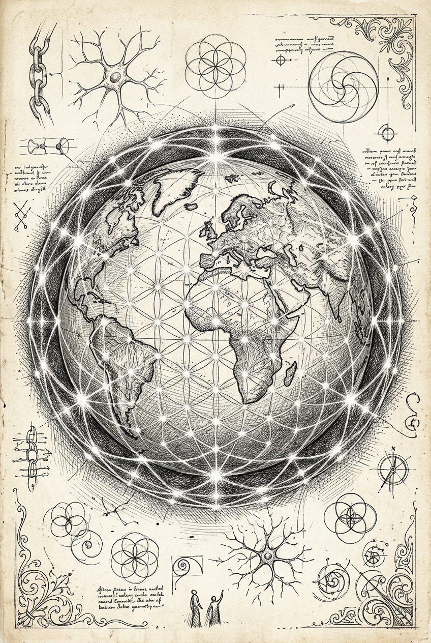 Globe wrapped in luminous web with pulsing nodes