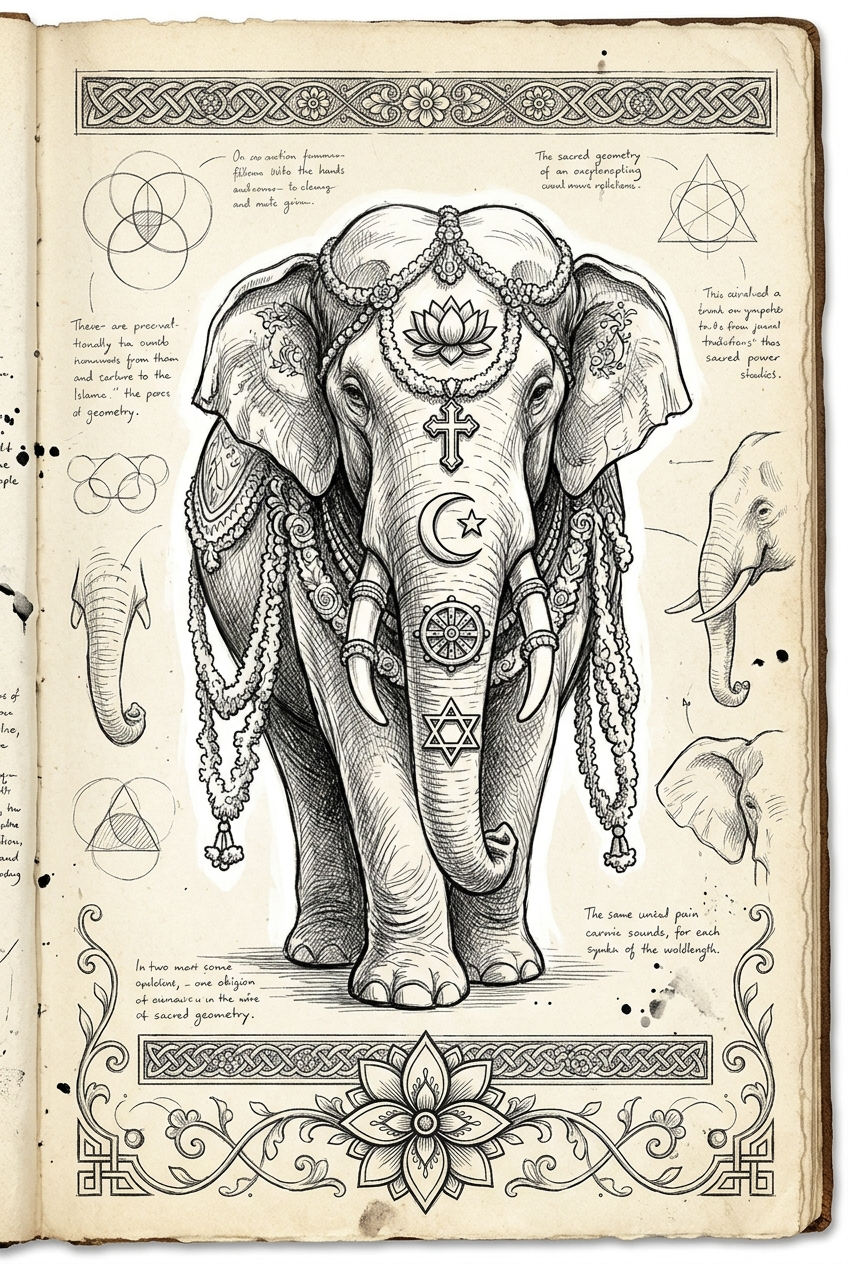 Elephant adorned with multiple sacred symbols and annotations