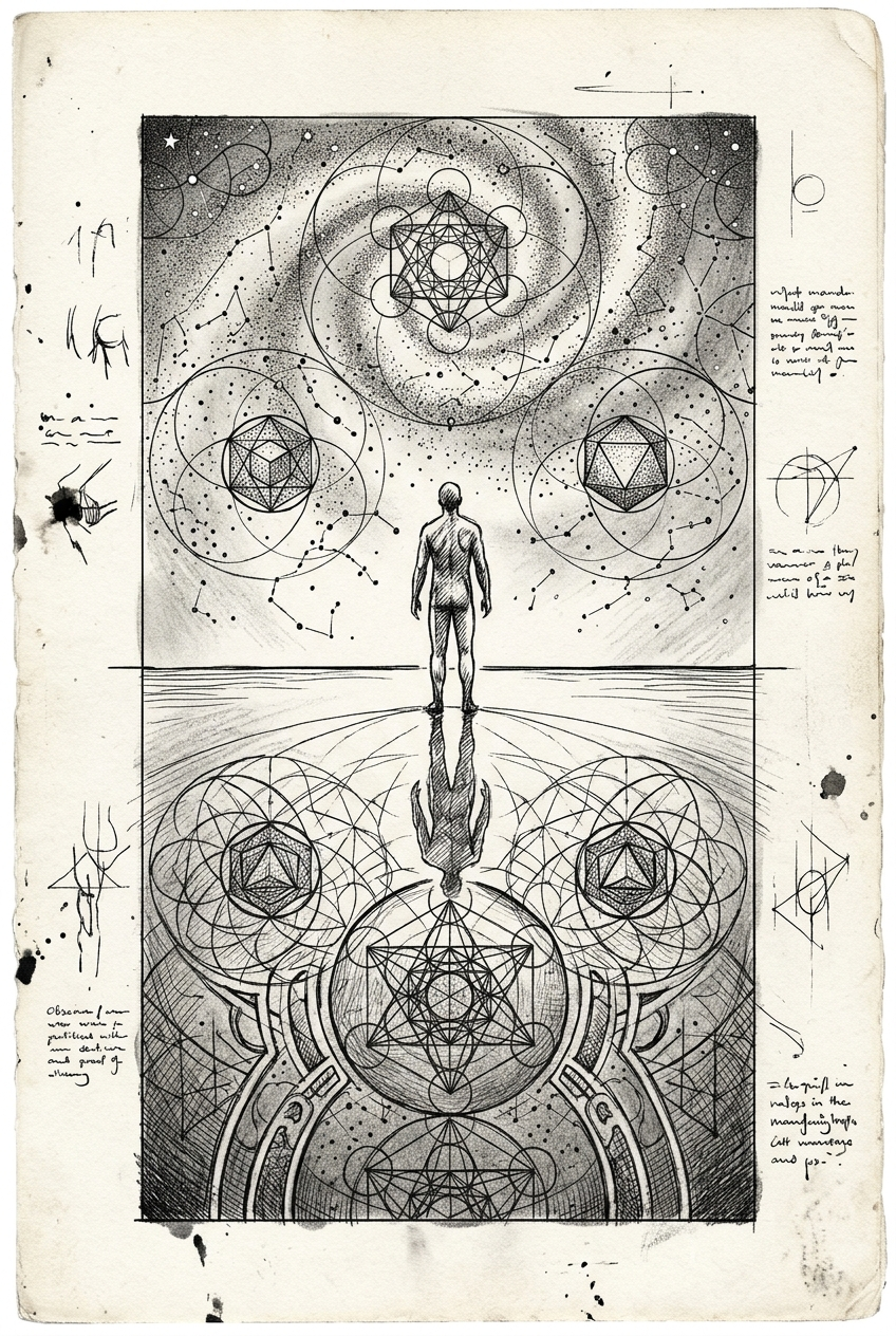 Figure standing between cosmic spiral above and geometry below