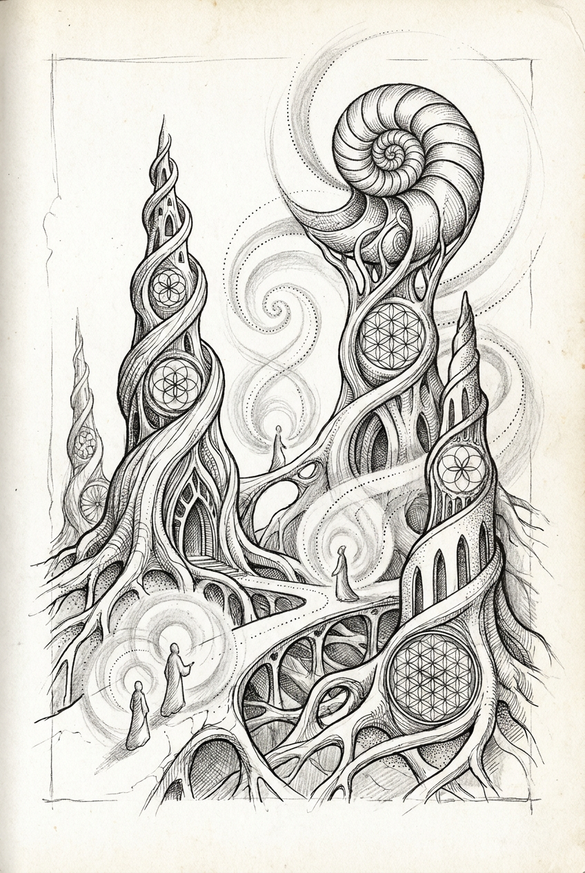 Organic future city with grown towers and living pathways